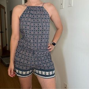 Blue and white floral halter romper